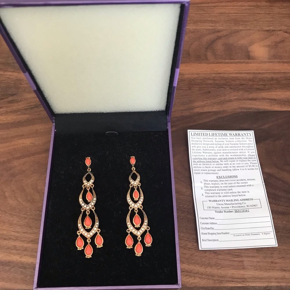 Vintage Suzanne Somers Coral Chandelier Dangle 3” Statement Earrings